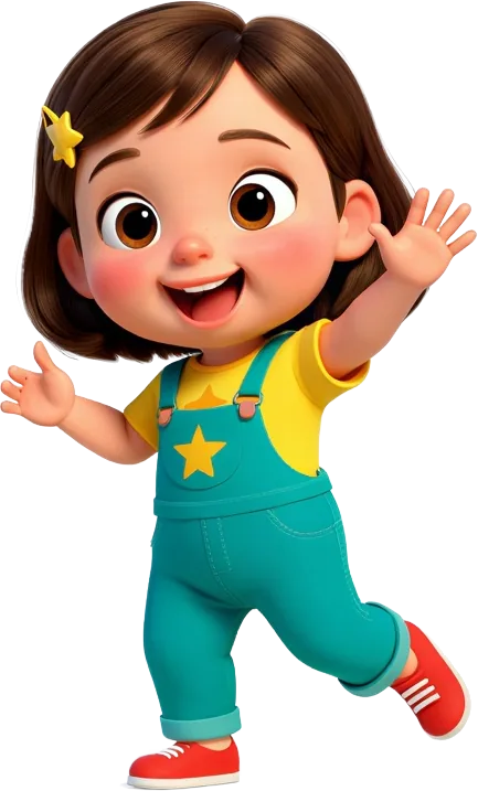 Lumi, a little girl with a star hair clip and teal overalls, waving hello